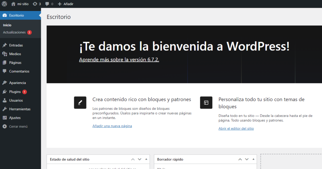 Interfaz de administración de WordPress para gestionar el sitio web