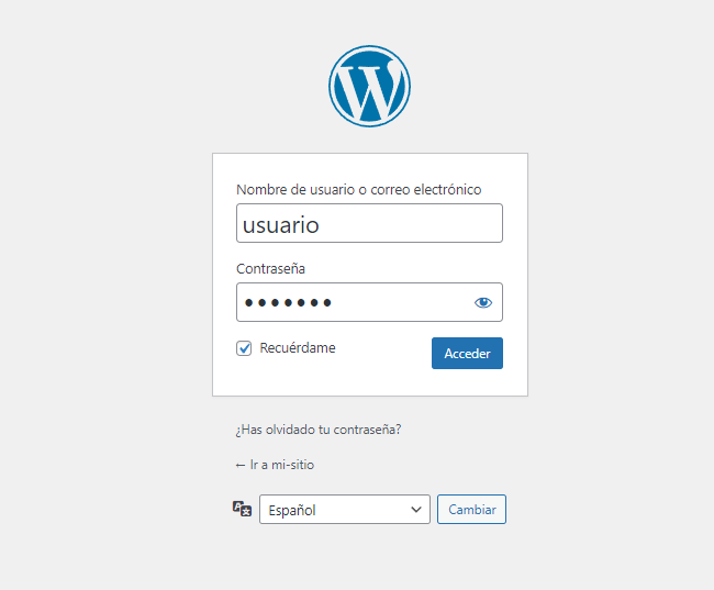 Acceso al panel de administración de WordPress tras la instalación