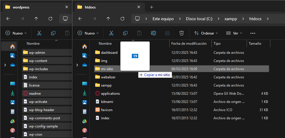 Archivo ZIP de WordPress extraído en la carpeta htdocs de XAMPP