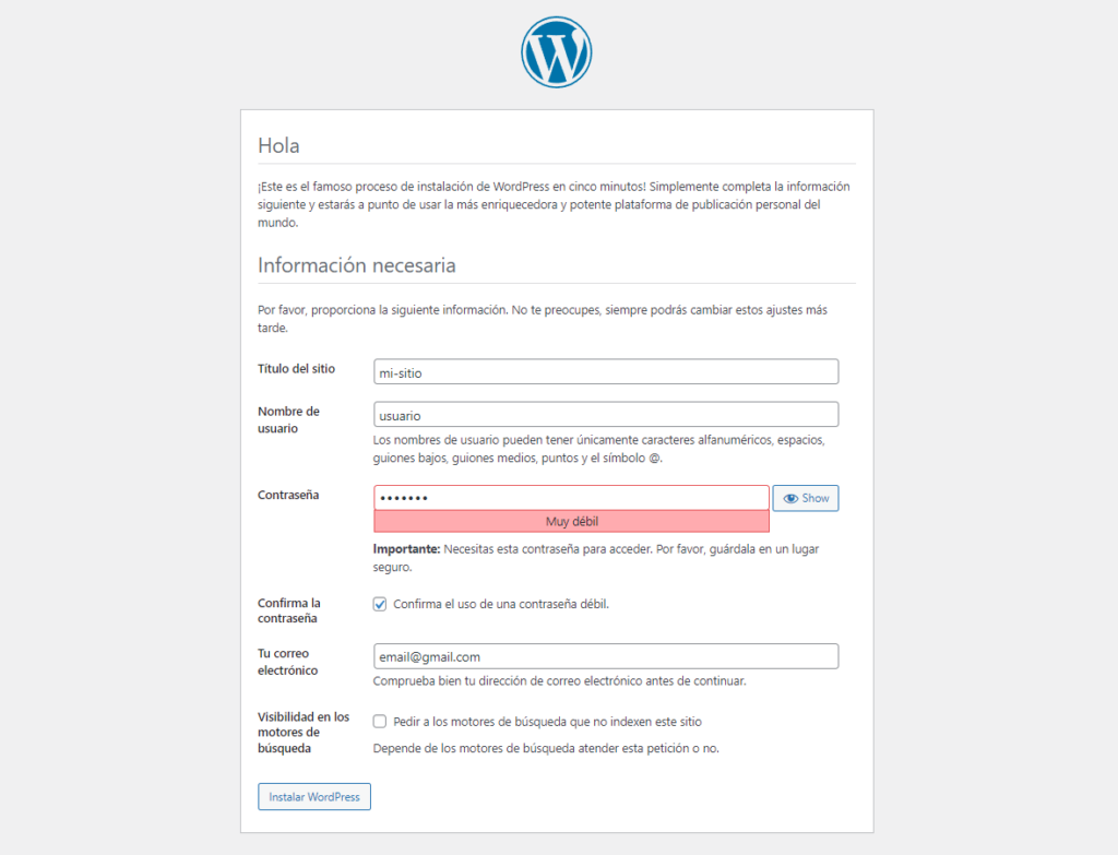 Información necesaria para acceder al panel de administración de WordPress.