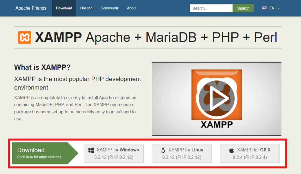 Página oficial para descargar XAMPP en Windows, macOS y Linux