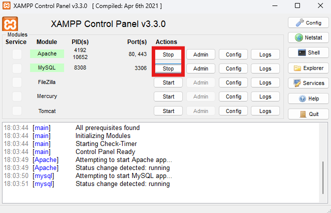 anel de control de XAMPP para gestionar servicios como Apache y MySQL